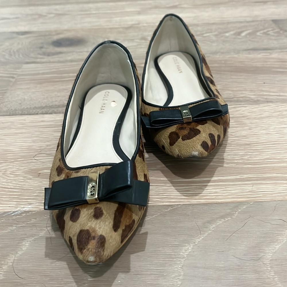 Cole Haan Leopard Fur Flats with front Bow and Gold Accent - Size 6.5